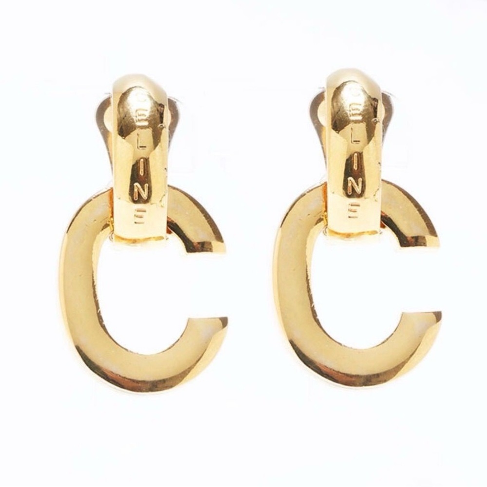Vintage Celine Gold Tone Logo Drop Clip Earrings